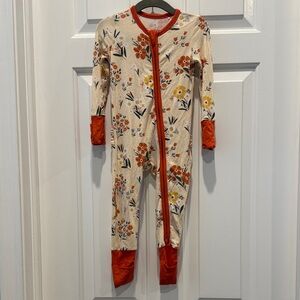 Angel Dear footie zip pajama with floral in yellow and orange